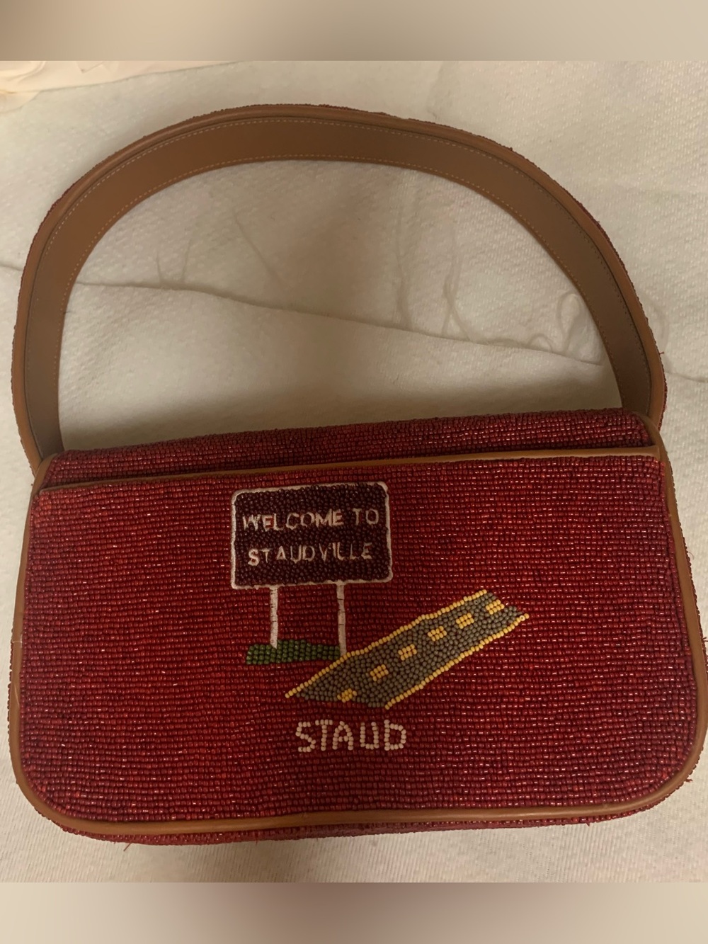 STAUD Tommy Beaded / Embroidered Folk Town Shoulder Bag Red W Tan Trim $325 MSRP - Picture 6 of 17
